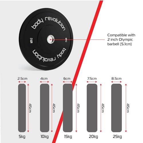 Body Revolution Olympic Bumper Plates - 5kg Weight Plates Set - Rubber Coated 25mm / 2 Inch Olympic Weight Plates Pairs for Barbell Weights - Strength Training and Body Building Equipment - Image 5