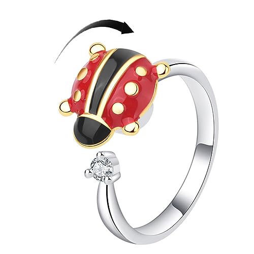 OIDIMS Rotatable Ladybug Ring Silver Anti Fidget Spinner Anxiety Rings Adjustable Open Statement Stress Relief Stackable Rings Crystal Wedding Jewelry Xmas Cute CZ Gifts for Women(Gold)