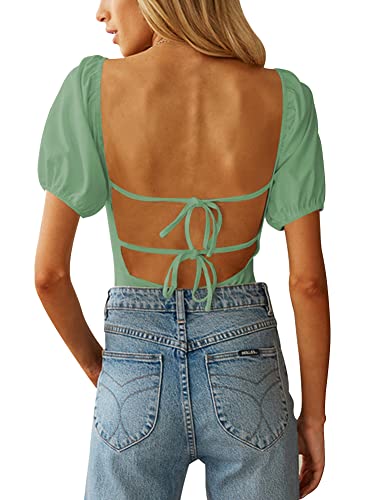 Image of oten Women's Sexy Backless Puff Sleeve Square Neck Tie Back Bodysuit Tops
