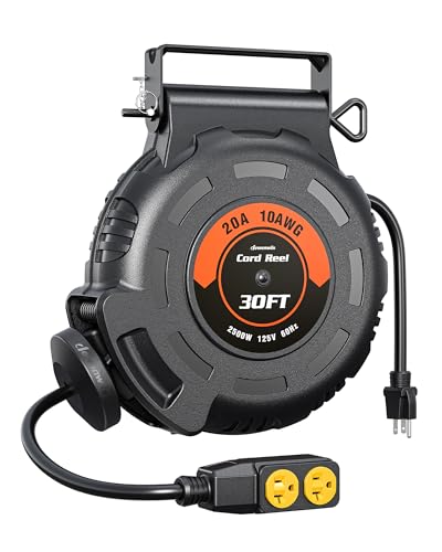 DEWENWILS 20Amp Retractable Extension Cord Reel 30FT 2500W Heavy Duty Power Cord Reel 10AWG/3C SJTW Industrial Cable 4 Grounded Outlets 180 Swivel Bracket for Garage Workshop Construction Site