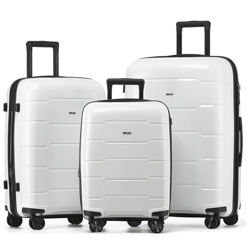 CRUW 3-Piece Luggage Set Expandable Polypropylene Suitcase Set TSA Locks 8 Silent Spinner Wheels Lightweight Nested Suitcases Travel Set easyJet British Airways Jet2 Airline-Approved Carry-On White