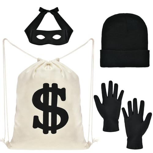 Acessórios disfarce de ladrão com luvas de ladrão, máscara de olhos ladrão, gorro ladrão, mala dinheiro ladrão, disfarce carnaval para adultos e crianças disfarce de Halloween festa temática de