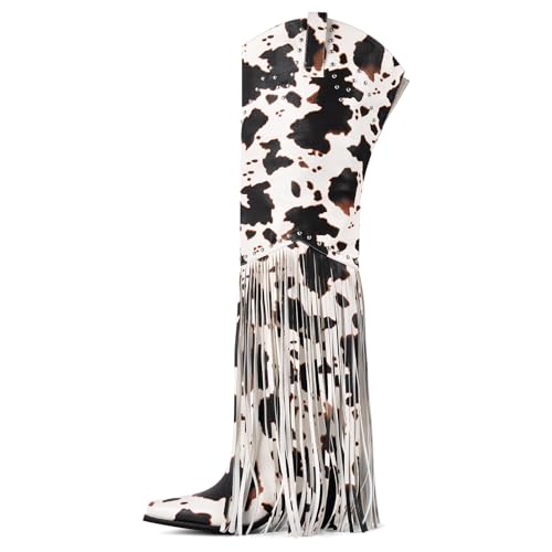 Image of richealnini Western Thigh High Cowboy Boots with Fringe Over Knee Wide Calf Cowgirl Boots