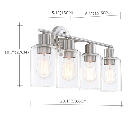 Image of Brushed Nickel 4-Light Bathroom Light Fixture Over Mirror Sink, 4-Light Bathroom Vanity Lights Brushed Nickel Vanity Wall Sconce for Mirror