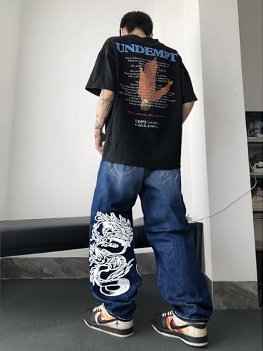 Unisex Y2K Hip Hop Street Jeans Dragon Print Gothic Baggy Jeans Vintage High Waist Denim Jeans Wide Leg Pants2