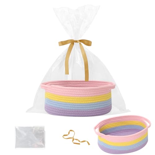 Image of Woven Rope Basket,Baby Gift Basket with Bag & Ribbon, Rainbow