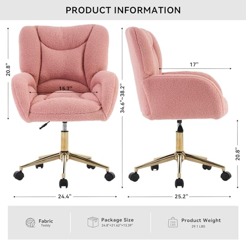 Image of FOXHUNTER Vanity Chair with Ergonomic Back & Wheels, 360 Swivel Accent Chair, Adjustable Height Home Office Chair for Living Room, Bedroom (Teddy, Pink)