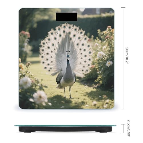 Báscula digital de baño gris y blanca con diseño de pavo real miniatura 2