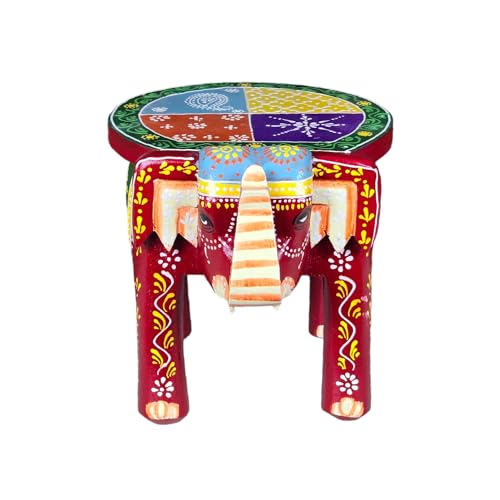 Image of Hand-Crafted and Emboss Colorful Painted Wooden Elephant Shape Round Stool for Home /Office /Living or Bedroom Decor,Decorative Showpiece (8 Inches Height, Red)
