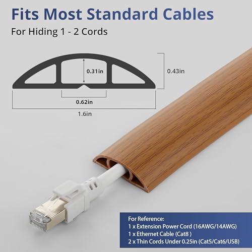 Image of ZhiYo 5.6ft Cord Covers for Wires on Floor, Cord Hider Floor Hide Extension Cords, Soft PVC Cable Cover Cable Protector, Wire Cavity W0.62in H0.31in, Yellow Oak Wood