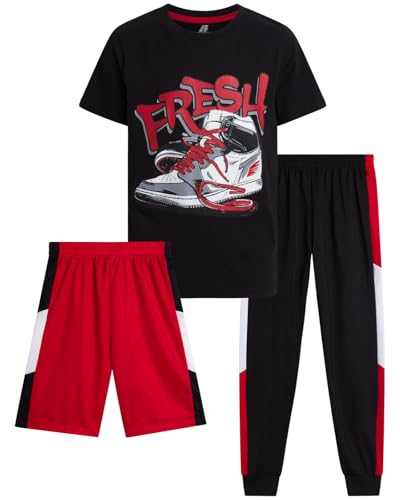 Image of Pro Athlete Boys Pants Set - 3 Piece Active Short Sleeve Graphic Tees Athletic Shorts and Jogger Sweatpants for Boys