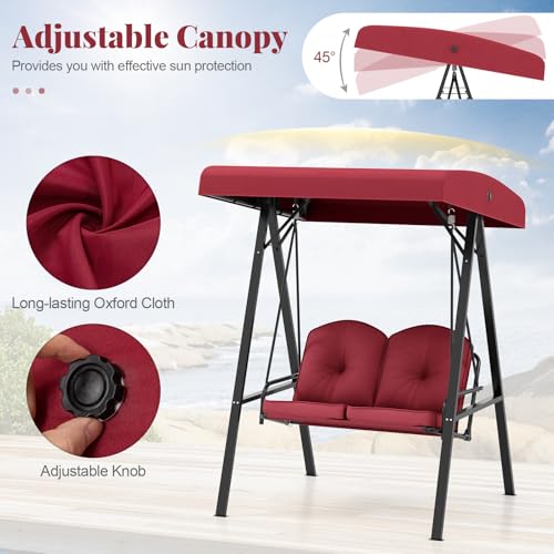 Image of HAPPYGRILL 2-Person Porch Swing, Outdoor Loveseat Swing with Adjustable Canopy & Heavy-Duty Metal Frame, Cushioned Swing with Stand for Porch, Backyard, Garden (Wine)
