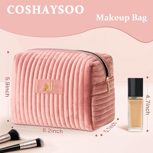 Image of COSHAYSOO Travel Makeup Bag Quilted Make Up Pouch Initial Cosmetic Case with Butterfly Decorations for Women Compact Mirror Traveling Size Beauty Tools Accessories Organizer Pink Velvet Letter J