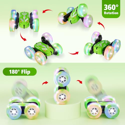 Image of Amicool Remote Control Car for Boys 6-12 with Flashing Light, 6 7 8 9 Years Old Boy Toys, RC Cars Stunt 4WD 2.4Ghz Double Sided 360 Flip, Boy Gift Idea for Kids Birthday Christmas, Green
