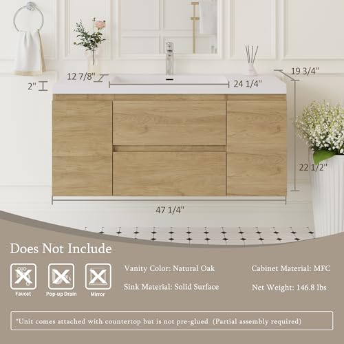 Image of KEIKI 48'' Wall-Mounted Bathroom Vanity with Sink - Floating Design, 2 Soft-Close Drawers & Doors & Resin Basin, Space-Saving for Small Bathrooms, Natural Oak