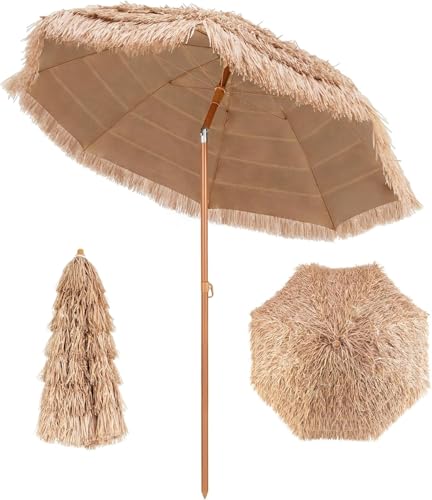 COSTWAY Ombrellone di Paglia in PP 208 cm, Ombrellone da Spiaggia Pieghevole, Parasole Hawaiano con Inclinabile in Metallo, Resistente all'Acqua e al Sole, per Spiaggia Giardino Balcone
