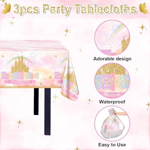 Image of Avezano 3 Pcs Princess Castle Tablecloth Rainbow Princess Birthday Table Cloth for Girls Women Birthday Party Decorations 108 x 54 Inch