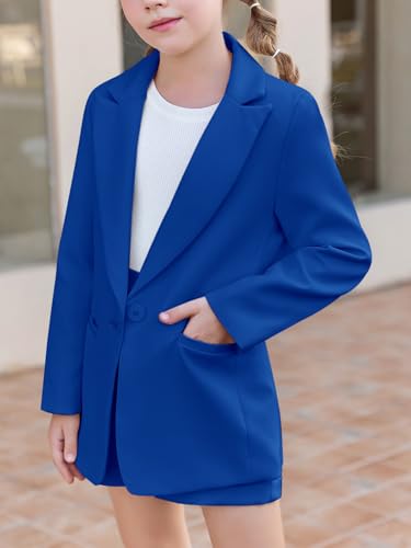 Image of Batermoon Girls 2 Piece Outfits Button Front Long Sleeve Blazer and Short Pants Suit Sets 4-14 Years