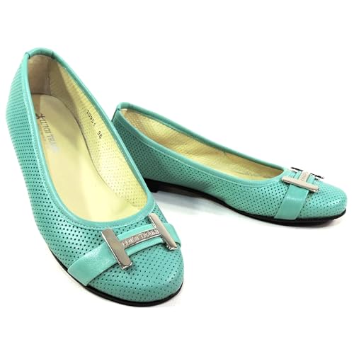 Women's Perforated Leather Ballet Flats, Mint Green, Comfort Loafers with Metal H Buckle, Made in Italy.