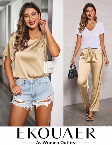 Image of Ekouaer Womens Satin Silky Pajama Set Short Sleeve Shirt with Long Pajama Pant Set Soft PJ Loungewear