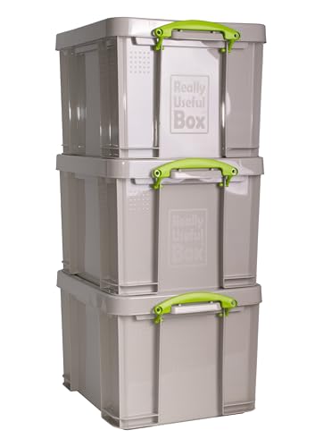 Really Useful Box Plastic Storage 35L Recycled Dove Grey with Green Handles Pack of 3