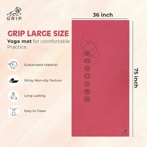 Image of GRIP Yoga Mat | Exercise Mat | 36 x 75 Inches | 12mm Thick | 7 Chakras Design Yoga Mat with Yoga Strap for Men & Women | Extra Thick, Long & Wide Non-Slip, Anti-Tear Exercise Mat for Home, Gym, Workout, Fitness, Yoga & Pilates Cherry Color