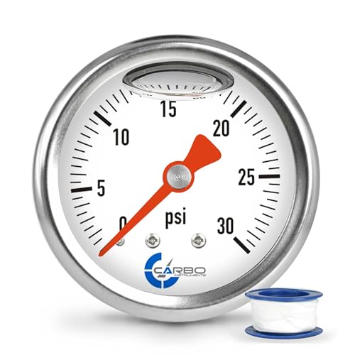 1-1/2" Fuel Pressure Gauge, Stainless Steel Case 304, Chrome Plated Brass Connection, Glycerin Filled, 0-30 Psi, Accuracy 3-2-3%, Back Mount 1/8" NPT