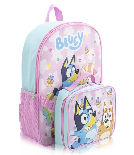 Fast Forward Bluey Backpack with Lunch Box Set for Kids | 15" School Bookbag & Insulated Lunch Bag with Bluey and Bingo Graphics | Boys Girls Toddler Backpack Set | Ages 3+