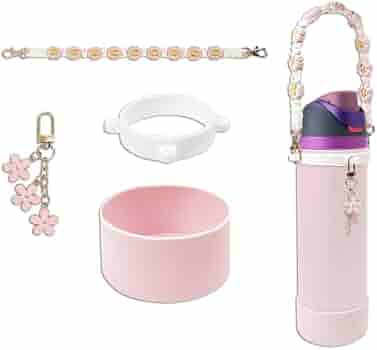 4-teiliges Zubehör-Set Für Owala Flasche (680 Ml) – Silikonstiefel, Tragegurt & Blumen-Charm In Rosa