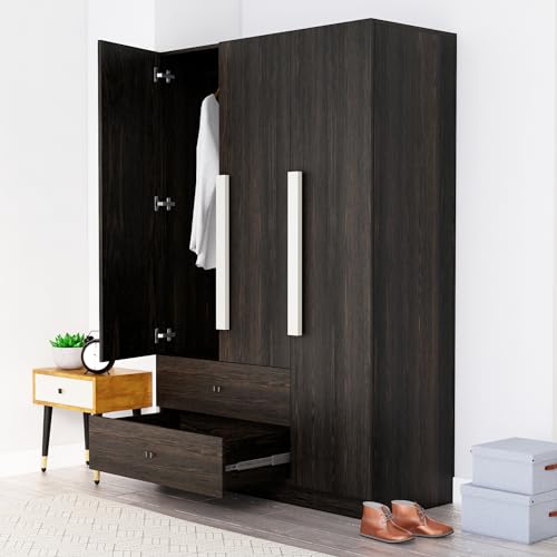 Image of Bniture Wooden Almirah for Clothes, Door for Bedroom, 3 Door Wardrobes with 2 Drawer & Hanging Space (40D x 120W x 180H CM) | 3 Year Warranty (Flower Wenge)