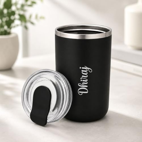 Image of Giftana Personalized Coffee Tumbler with Name, Customized Travel Mug with Lid, Coffee Mug for Men and Women, Birthday Gifts, Valentine's Day Gift, Corporate Gifts for Employee (Black 350ml)