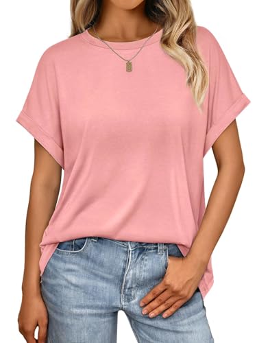 Cuptacc Tshirt Damen Sommer Flügelärmel Rundhals Tunika Lockere Basic Tops Kurzarm Bluse Damen Elegant Groß L 42-44 Dunkelrosa