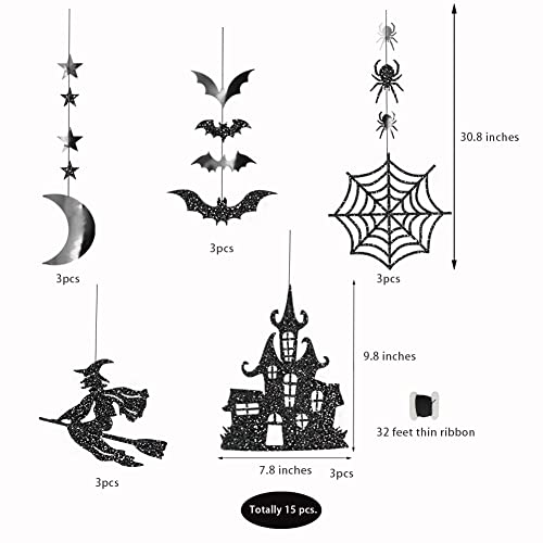 Glitter Black Halloween Party Decorations Gothic Birthday Garlands Hanging Witch Bat Spider Haunted House Star Moon Decor Streamers Backdrop Birthday Baby Shower Home Office Classroom Decor #TOP2