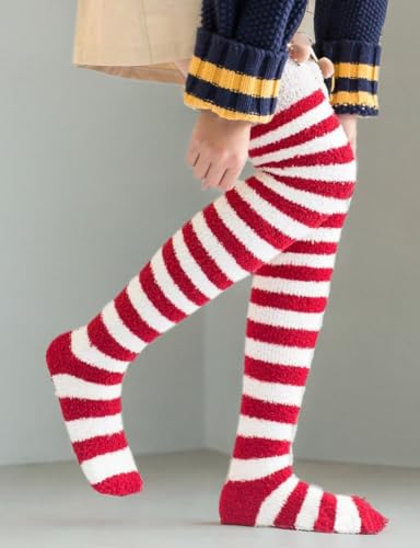 Image of Wander G Womens Over Knee High Fuzzy Socks Cute Cartoon Thigh High Stockings Warm Stripe Leg Warmers