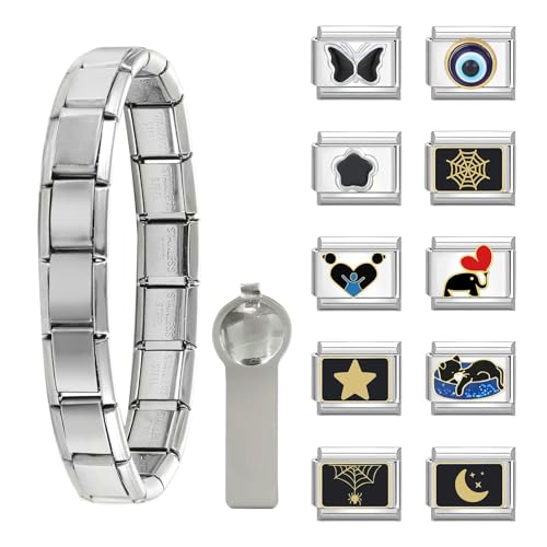 papasgix Italian Charm Bracelet Gold Silver Set with Starter Brascelet, Assorted Charms and Opening Tools, 9mm Modular Italian Charm Bracelet Links Handmade DIY Jewelry Gifts(Silver Black)