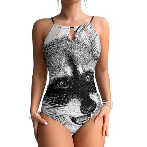 Maillots de bain une pièce femme gainant monokini beachwear imprimé renard noir et blanc