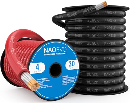 NAOEVO 4 Gauge Marine Wire 4 AWG Tinned Copper PVC Marine Grade Wire IP68 Waterproof/Corrosion-Resistant Electrical Cable for Boat RV Automotive Solar Trolling Motor (30 ft Black + 30 ft Red)