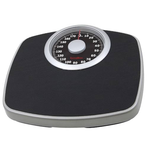 TERRAILLON - NEO T - Pèse personne mécanique, Large plateau métal avec revêtement anti-dérapant, Grand cadran haute lisibilité, Balance robuste, Capacité 180 kg, Graduation 1 kg, Noir et Argent