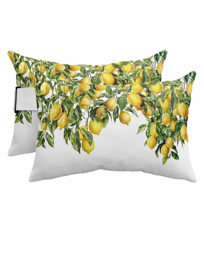 Anzona Pack of 4 Summer Lemon Lumbar Pillow Covers, Outdoor Waterproof Throw Pillow Covers Set, Green Botancial Summer Yellow Fruits Decorative Cushion Case for Patio Beach, 12x20 Inch