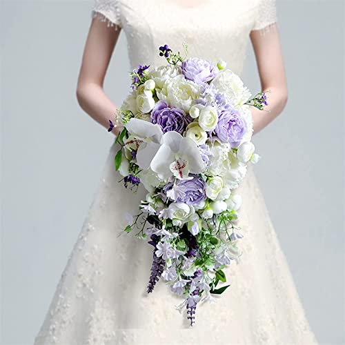 UVECA Wedding Bouquets For Bride Artificial Flower Purple Rose Cascade Bouquet Wedding Bouquets For Bride Flowers Teardrop Bridal Bouquet For Beach Church