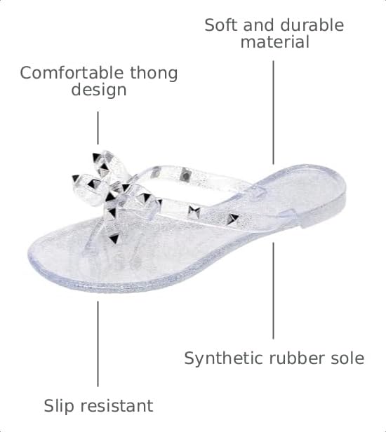 Image of Studded Jelly Shoes for Womens Bow Flip Flops Jellies Sandals Flat Black Summer Beach Thong with Rivets Strappy Slides Slip On