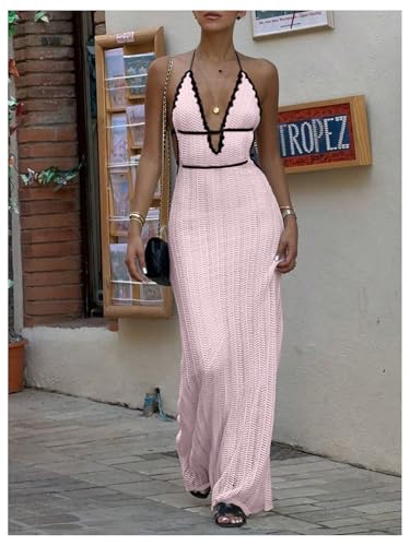 Image of SOLY HUX Women's Tie Backless Maxi Halter Dress Deep V Neck Sleeveless Knit Elegant Dresses