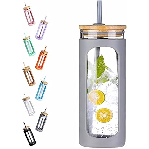 Kodrine 20oz Glass Water Tumble with Straw and Lid,Bamboo Lids Water Bottle, Iced Coffee Cup Reusable, Wide Mouth Smoothie Cups, Straw Silicone Protective Sleeve BPA FREE-Grey Cover