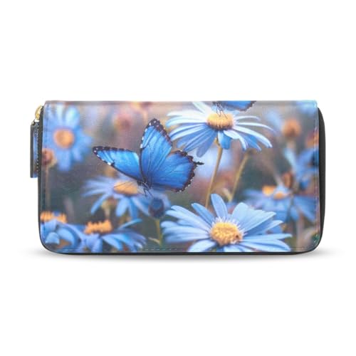 Long Wallets Leather Bifold Wallet for Women Blue Butterflies Floral with Zipper Credit Card Holder Large Capacity