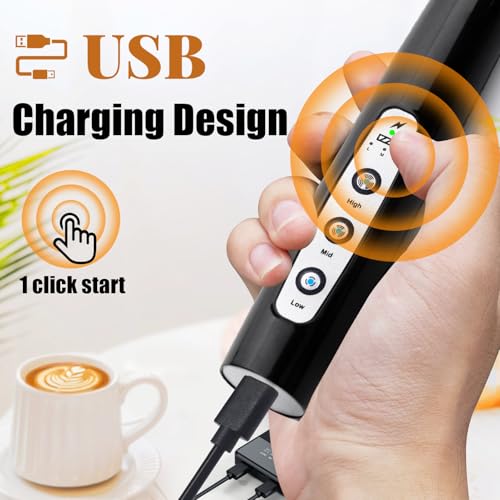 Image of Nahida Black Handheld Milk Frother for Coffee, Rechargeable Electric Whisk with 3 Heads 3 Speeds Frother Foam Maker For Latte, Cappuccino, Hot Chocolate, Egg