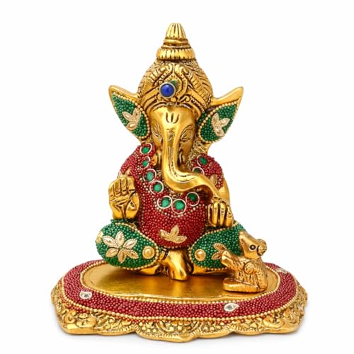 Image of Kalakriti Metal Ganpati Idol with Mouse, 6 Inch Gold Finish Lord Ganesha Statue for Home Decor |Temple Office Hostel Desk, Hindu God Ganesh Vinayaka Decorative Showpiece for Living Room, Chua Ganesh