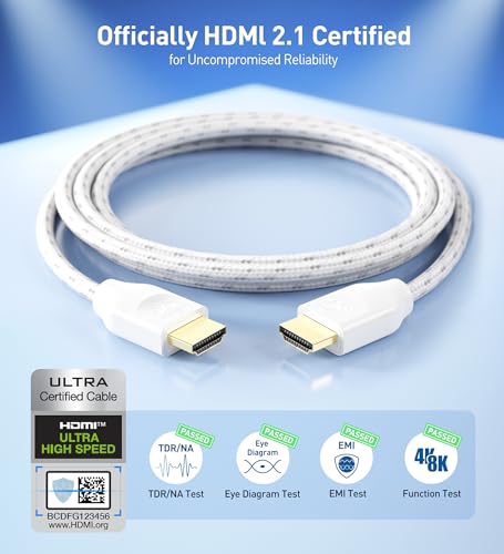 Cable Matters [Ultra High Speed HDMI Certified] Braided 48Gbps 8K HDMI Cable 6.6 ft / 2m with 8K @120Hz, 4K @240Hz and HDR Support for PS5, Xbox Series X/S, RTX3080 / 3090, Apple TV and More in White