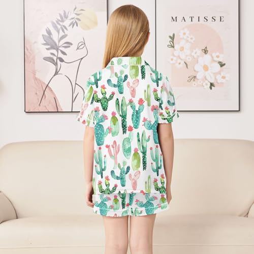 ALAZA Green Cactus Blossom Leaf Pajamas Satin Pajama Set Short Sleeve Button Down Sleepwear4