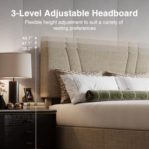 Image of Novilla King Lift Up Storage Bed Frame /Charging Station /LED Light, Beige