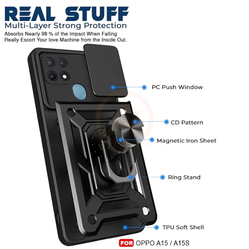 Image of Armor Bumper Back Cover Case for Oppo A15 / A15s Rotating Camera Cover, Ring Holder & Kickstand | Heavy Duty & 360 Degree Protection Oppo A15 / A15s Back Cover (Black).